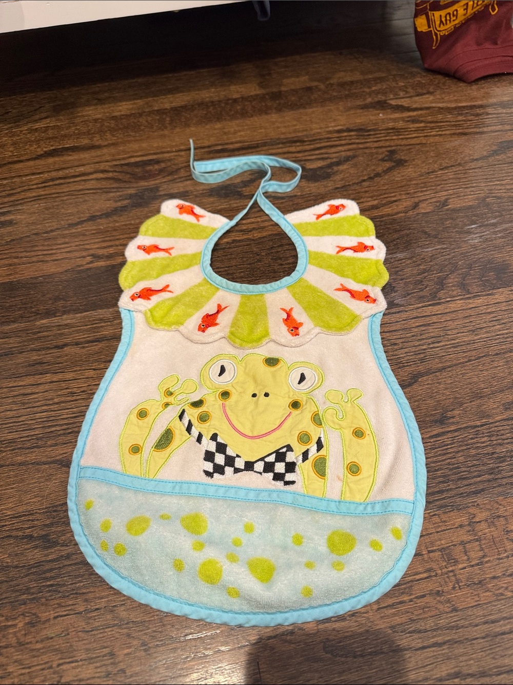 Kids Bib with Playful Green Frog and Aqua Trim